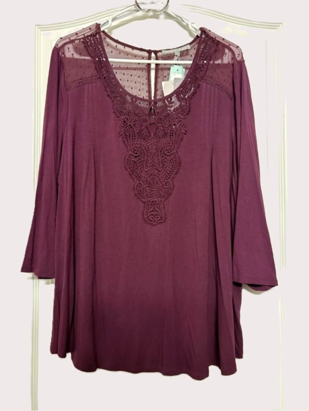 Daniel Rainn ~ Lace & Mesh Yoke 3/4 Sleeve Top - Burgundy ~ 1X
